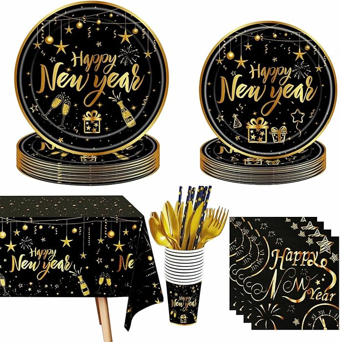 100Pcs New Years Eve Party Supplies Disposable Dinnerware,Happy New Year Plate, Cup, Napkin,Table... | Amazon (US)