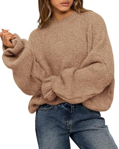 BTFBM Women's Oversized Sweater Crewneck 2025 Fall Winter Long Sleeve Fuzzy Warm Knit Pullover Sweaters Trendy Outfits(Camel, Medium) | Amazon (US)