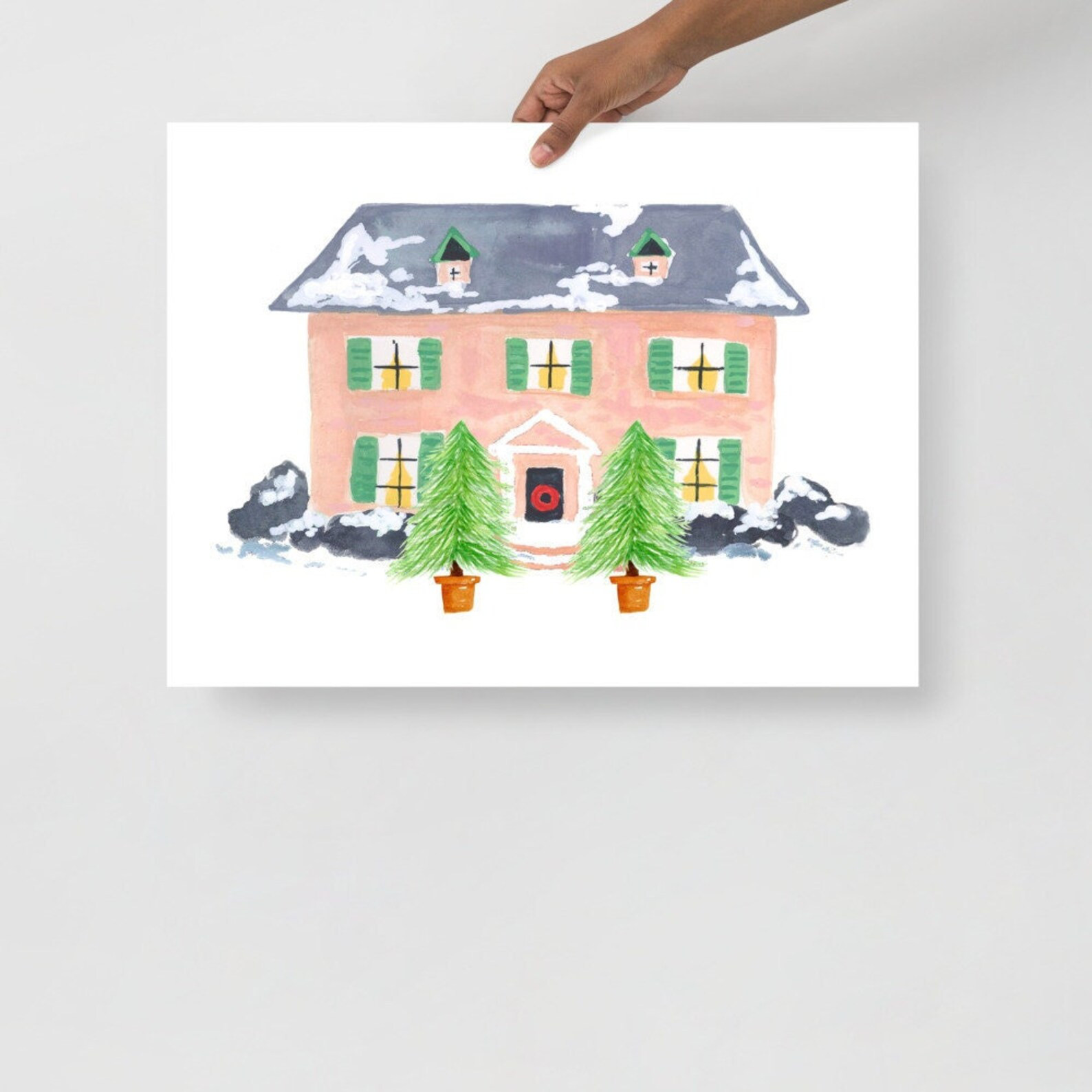 Winter Christmas Watercolor Art Print: Pink House | Etsy (US)