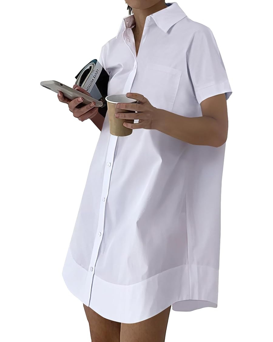 Rooscier Women's Casual Shirt Dress Collar V Neck Button Down Short Sleeve Loose Mini Dresses | Amazon (US)