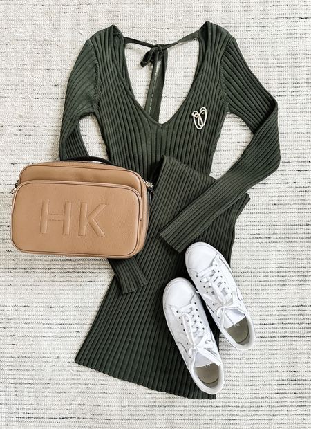 Casual outfit with green long sleeve midi dress paired with white sneakers and accessories! Love this dress because it’s so stretchy and comfortable on. This handbag is also a favorite of mine because it’s customizable and so cute! 

#LTKSeasonal #LTKstyletip
