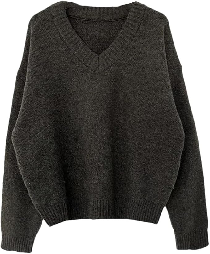 Women's Casual V Neck Warm Knitted Sweaters Long Sleeve Loose Female Pullovers Jumpers | Amazon (US)