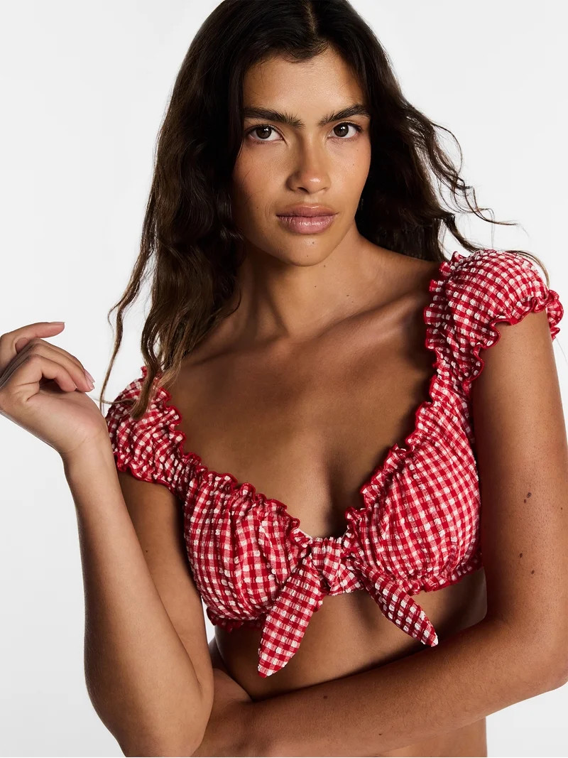 Kacey Lee Women's and Women's Plus Tie Front Bra Bikini Top with Cap Sleeves, Sizes XS-3X | Walmart (US)