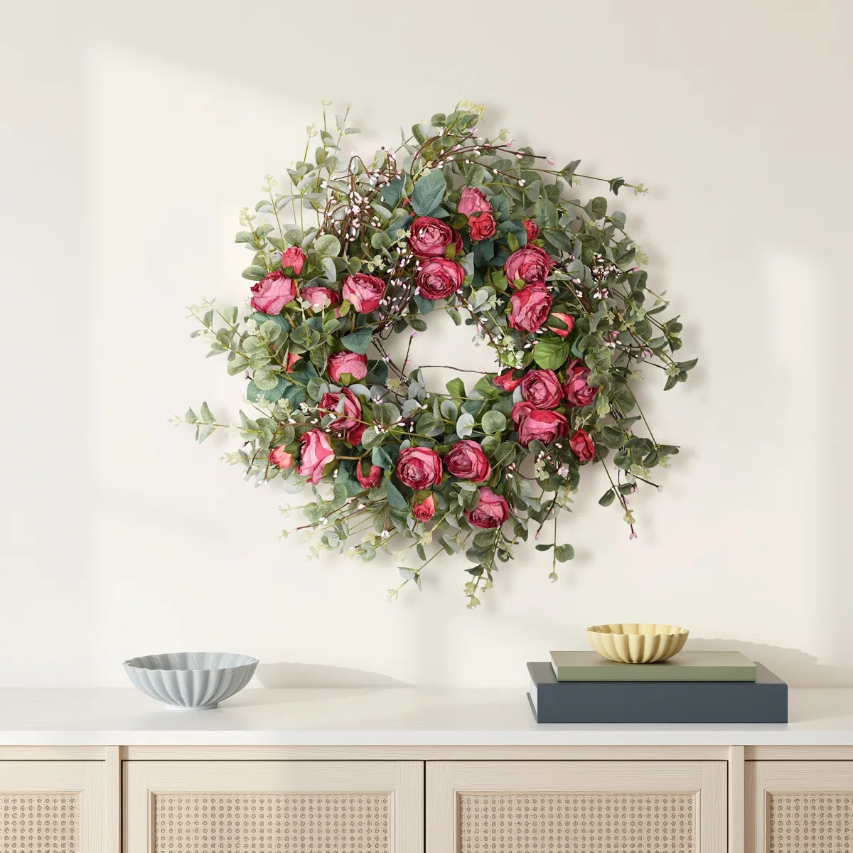 26" Artificial Everyday Eucalyptus Berry Rose Floral Front Door Wreath For Wedding Party Home Dec... | Birch Lane