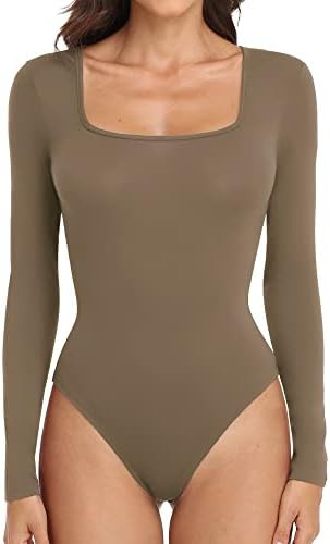 JUEYUN Women's Square Neck Short Sleeve Long Sleeve Bodysuit Slim Fit Sexy Body Suit Basic Jumpsu... | Amazon (US)