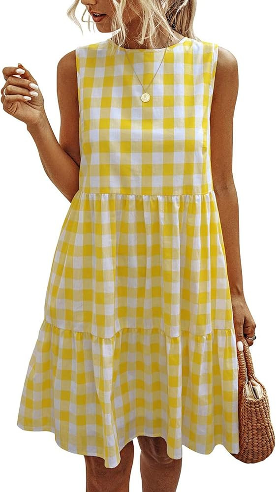 PRETTYGARDEN Women's Casual Plaid Sleeveless Ruffle Sundress Round Neck A-Line Pleated Mini Short... | Amazon (US)