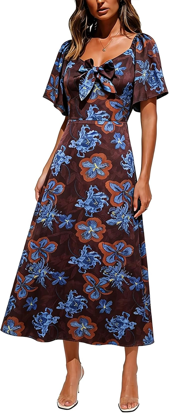2026 Maxi Dress Women Satin Elegant Floral Tie Front Cap Sleeve | Amazon (US)