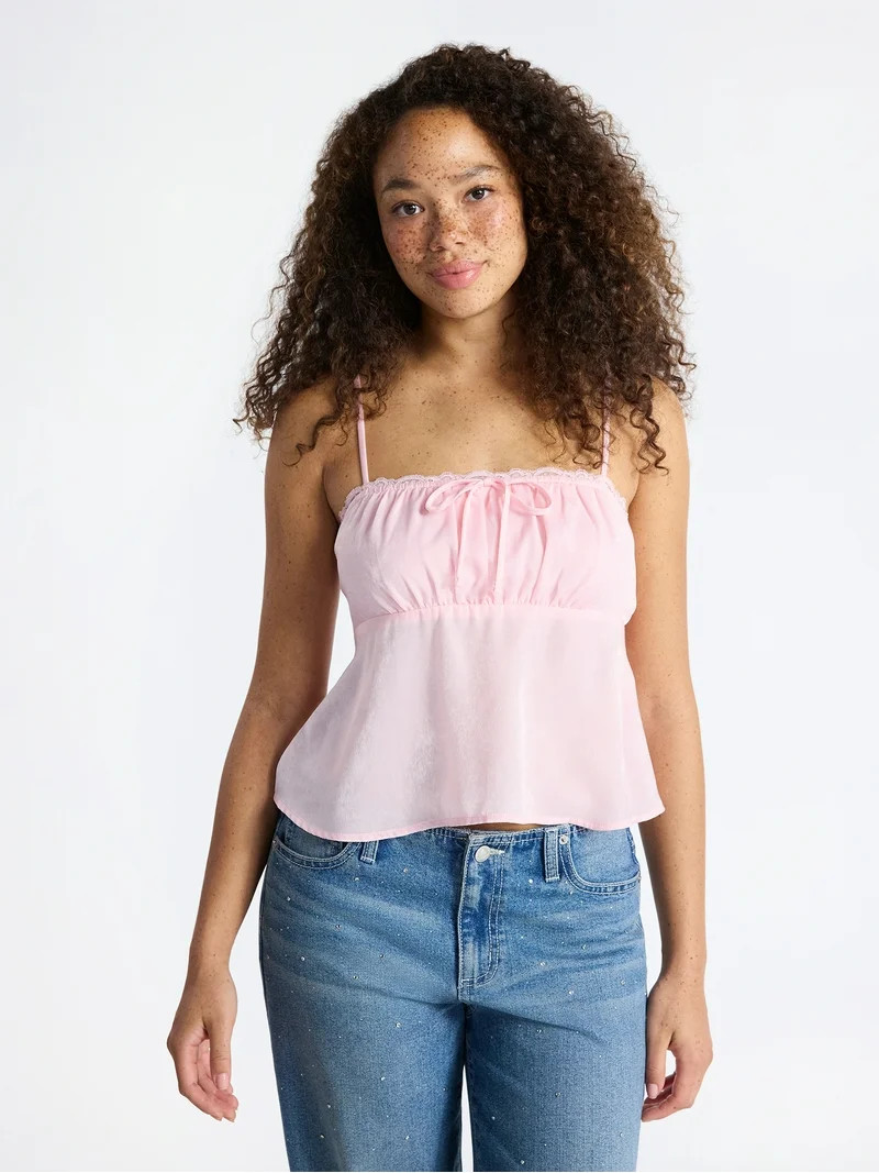 No Boundaries Satin Cami with Lace Trim and Tie, Women's | Walmart (US)