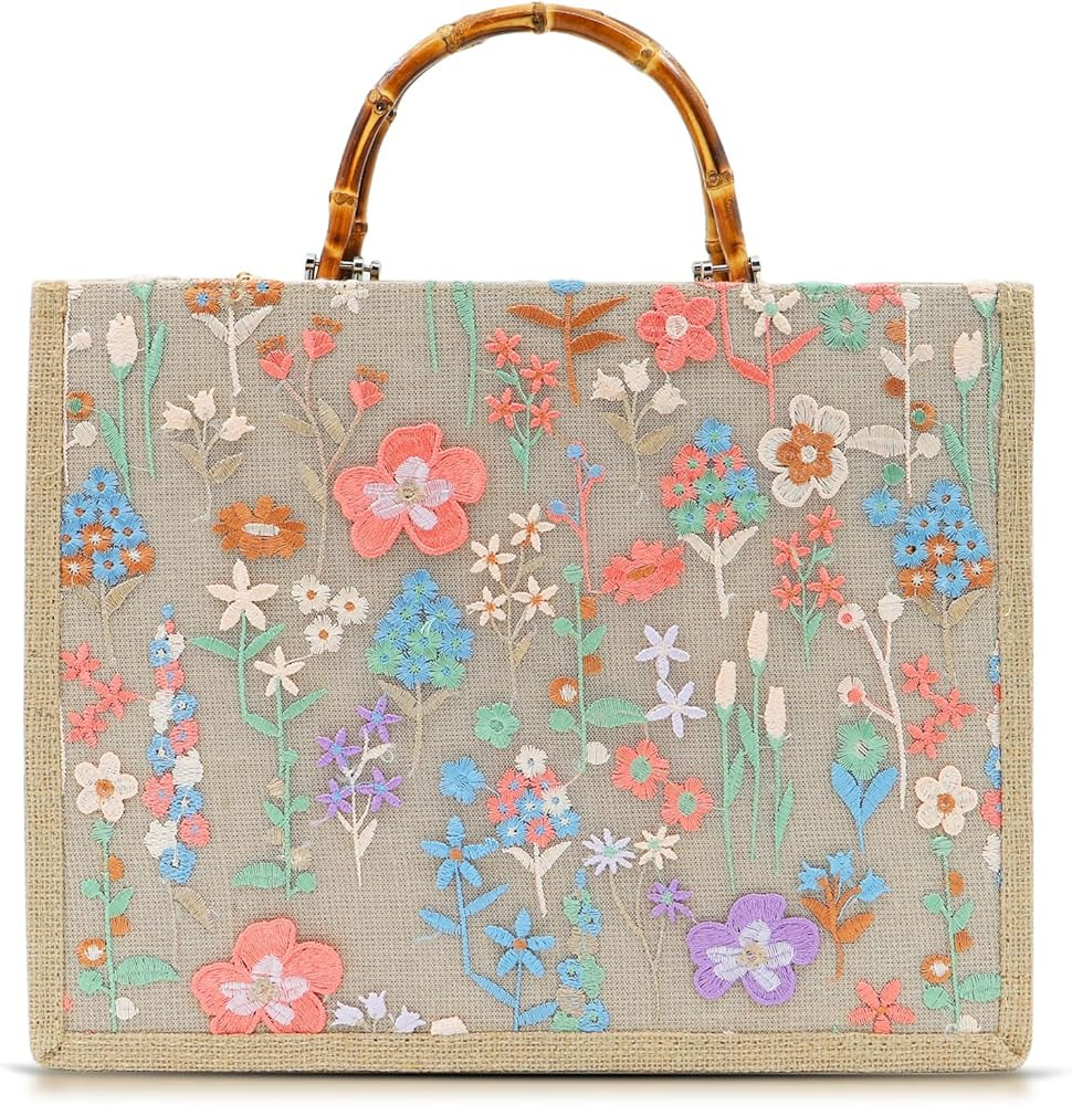 Tote Bag, Sackcloth Handbags for Women, Embroidery Beach Bags, Natural Bamboo Handle, Bohemian Ha... | Amazon (US)