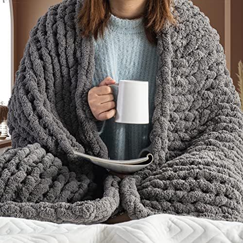 Chunky Knit Blanket Throw - 50"x60" 3.7 lbs. - Soft Chenille Yarn Knitted Blanket -Machine Washab... | Amazon (US)