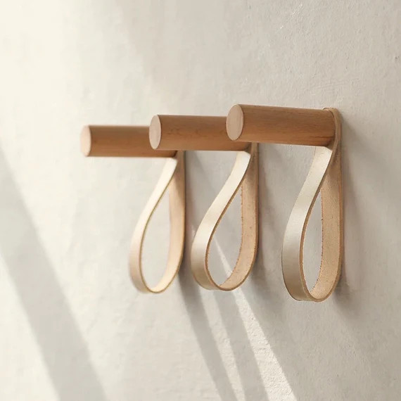 Natural Wood Coat Hooks Wall Mounted with Leather (Pack of 3pcs) - Boho Wall Decor Vintage Wall B... | Etsy (US)