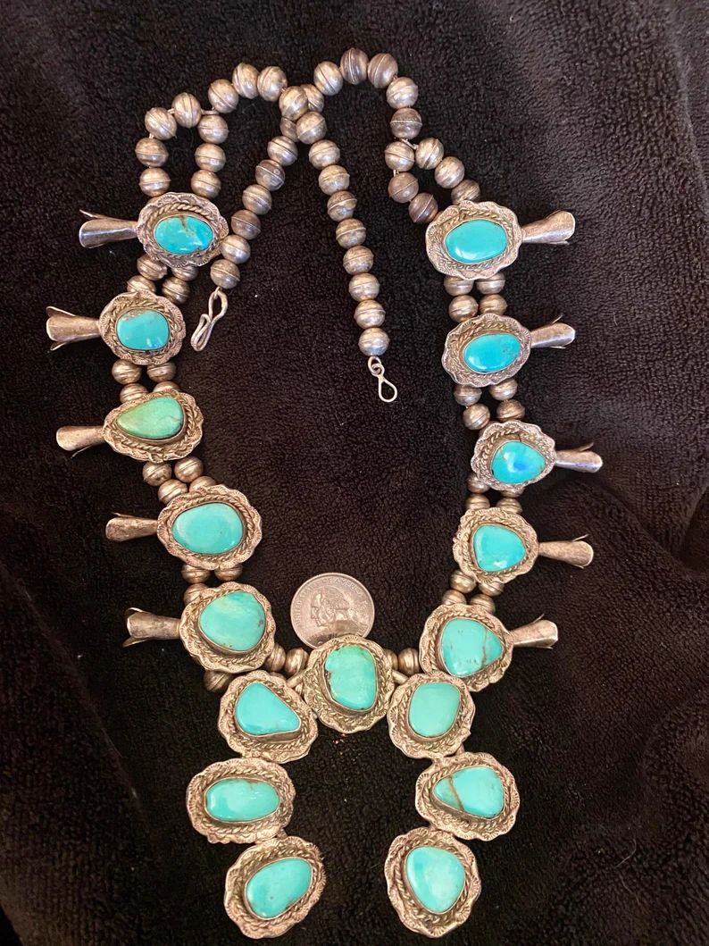Extremely old Primitive style Turquoise Sterling Silver squash blossom necklace | Etsy (US)