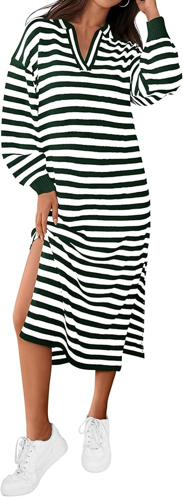 MASCOMODA Womens Fall Dresses 2024 Striped Sweater Dress Casual Long Sleeve V Neck Collared Loose... | Amazon (US)