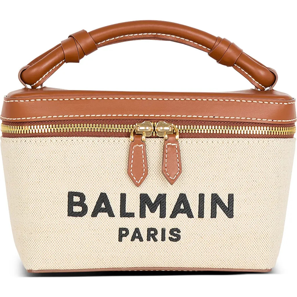 Balmain B-Army Logo Canvas & Leather Vanity Case Bag in Gem Ntrl/brown at Nordstrom | Nordstrom