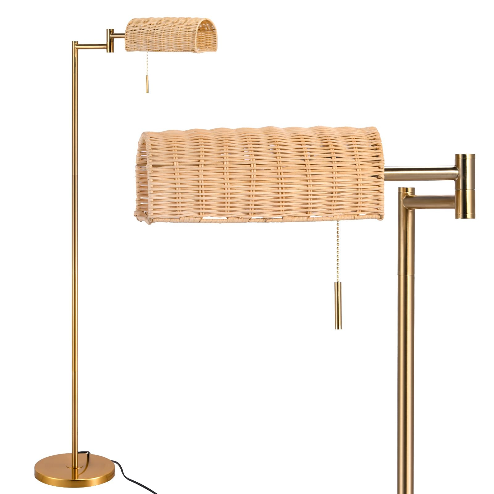 Boho Rattan Floor Lamp Gold with Swing Arm, 55'' Standing Lamp for Reading, Bedside, Living Room,... | Amazon (US)