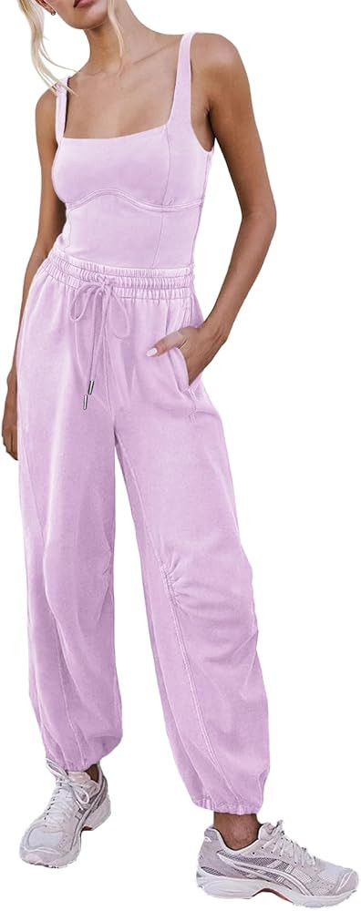Women's Sleeveless Summer Jumpsuit Square Neck Drawstring Waist Long Romper Jumpers 2025 with Poc... | Amazon (US)