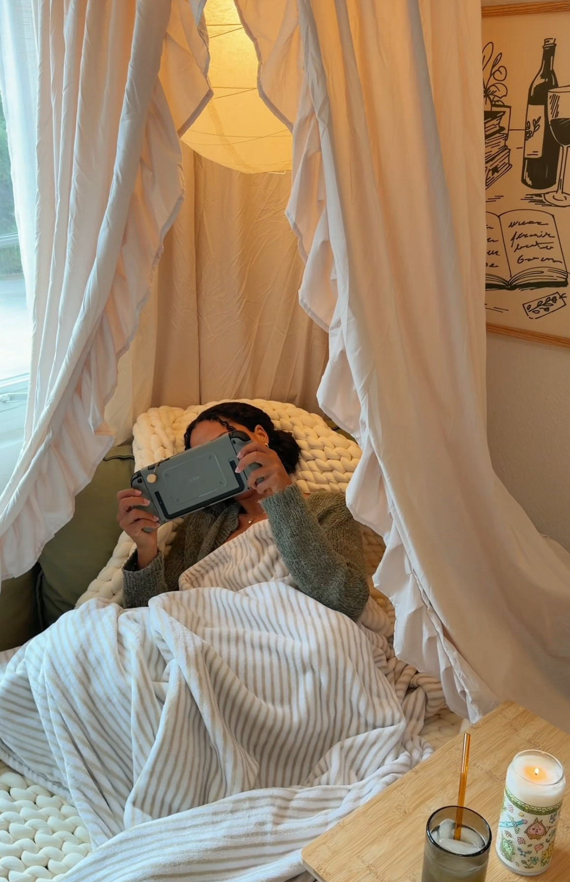 the canopy really made my cozy reading/ hobby nook feel like a whole different little world 🕯️🤎 #cozynook #nook #cozy #cozyroom #homedecor #interiordesign #chaise #canopy 

 #LTKSeasonal #LTKHome