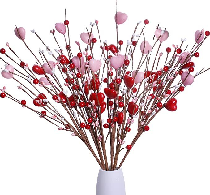 DIYFLORU 6 Pack Valentine’s Day Picks,17” Artificial Berry Stems with Pink Hearts for Valenti... | Amazon (US)