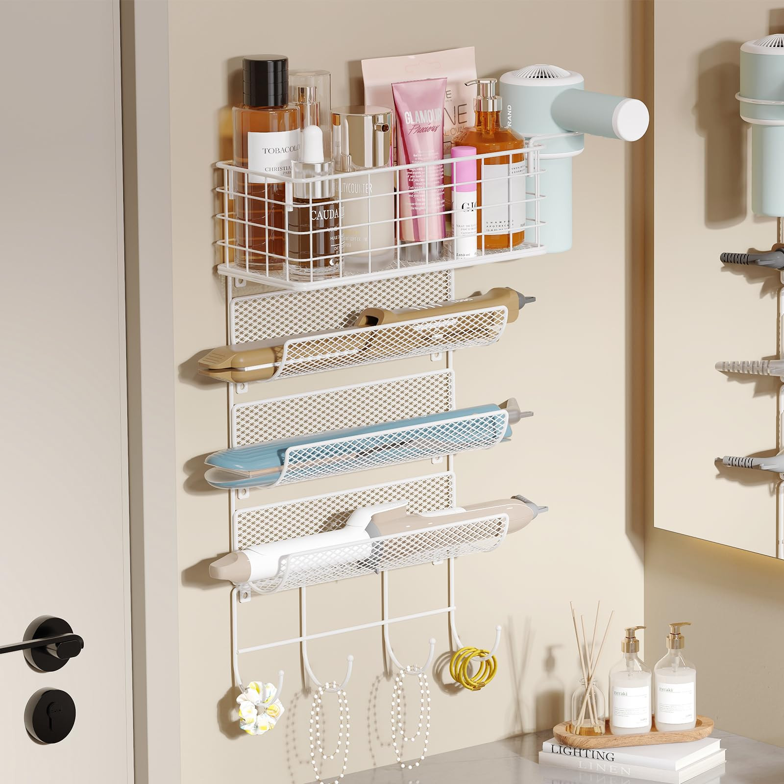 Wall-Mounted Hair Dryer Holder Styling Tool Organizer 4-Shelf Storage Wire Basket with Hook Heat ... | Amazon (US)