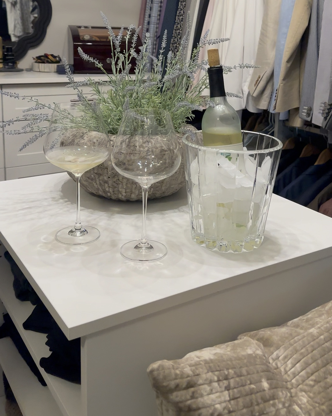 “Getting ready” set up with oversized wine glasses and wine chilling in the ice bucket 🥂

#LTKHome