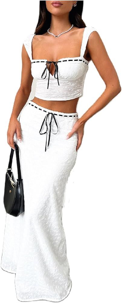 Womens 2 Piece Maxi Skirt Set Sleeveless Front Tie Cropped Tank Top Flowy Long Skirt Set Summer E... | Amazon (US)