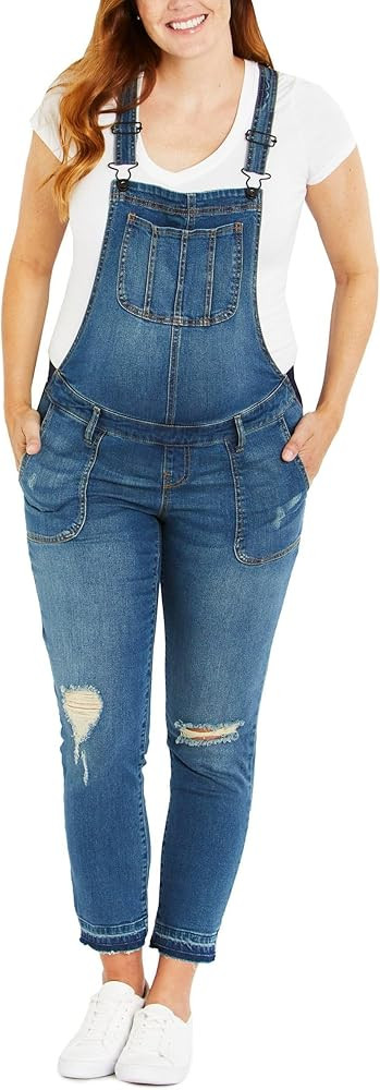 Motherhood Maternity Women's Side Panel Skinny Ankle Pregnancy Denim Overalls | Amazon (US)