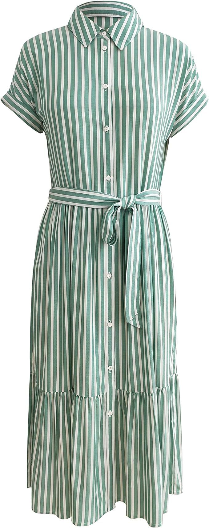 Charis Allure Women's Stripe Summer Dress Ruffles Hem V Neck Button Down Short Sleeves Sundress w... | Amazon (US)