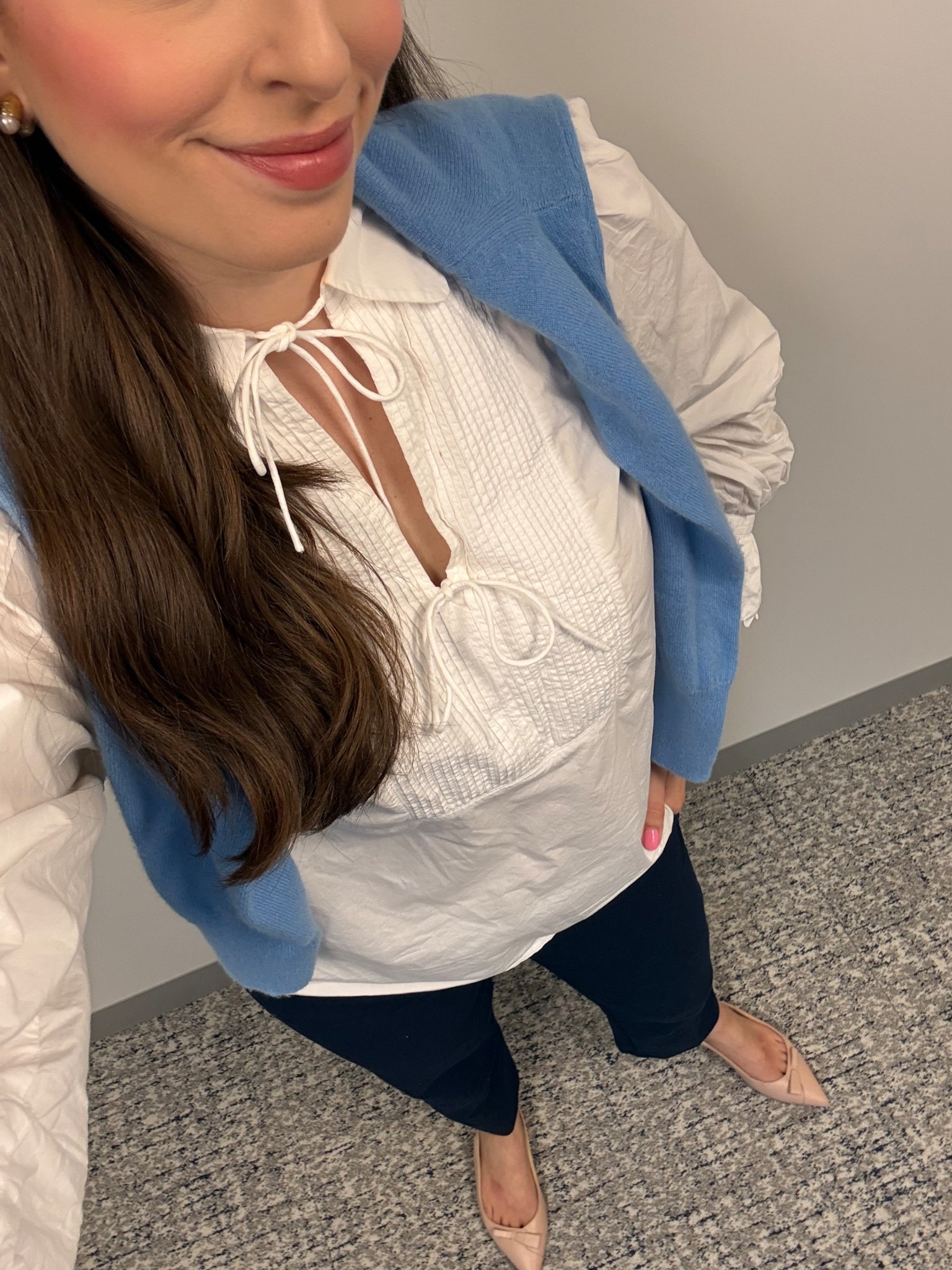 Office style, office outfit, workwear, spring workwear, lawyer, attorney, business casual, corporate style, corporate outfit, white tunic, white button down, cashmere sweater, work pants, high waisted work pants, nude flats, nude slingbacks, spring work outfit 

#LTKSeasonal #LTKTall #LTKWorkwear