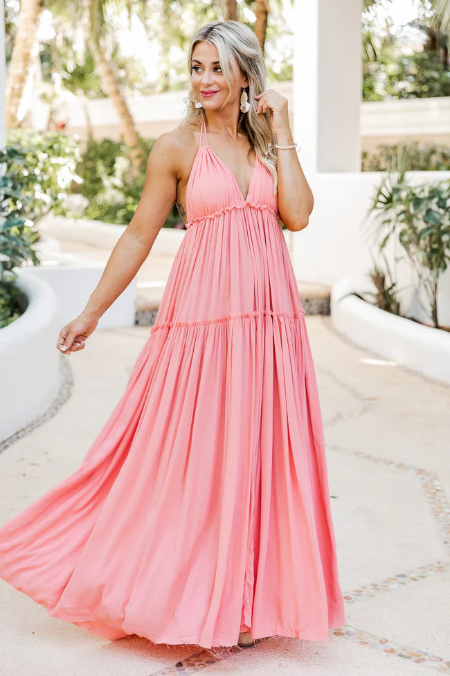 Daybreak Skyline Coral Halter Maxi Dress | Pink Lily