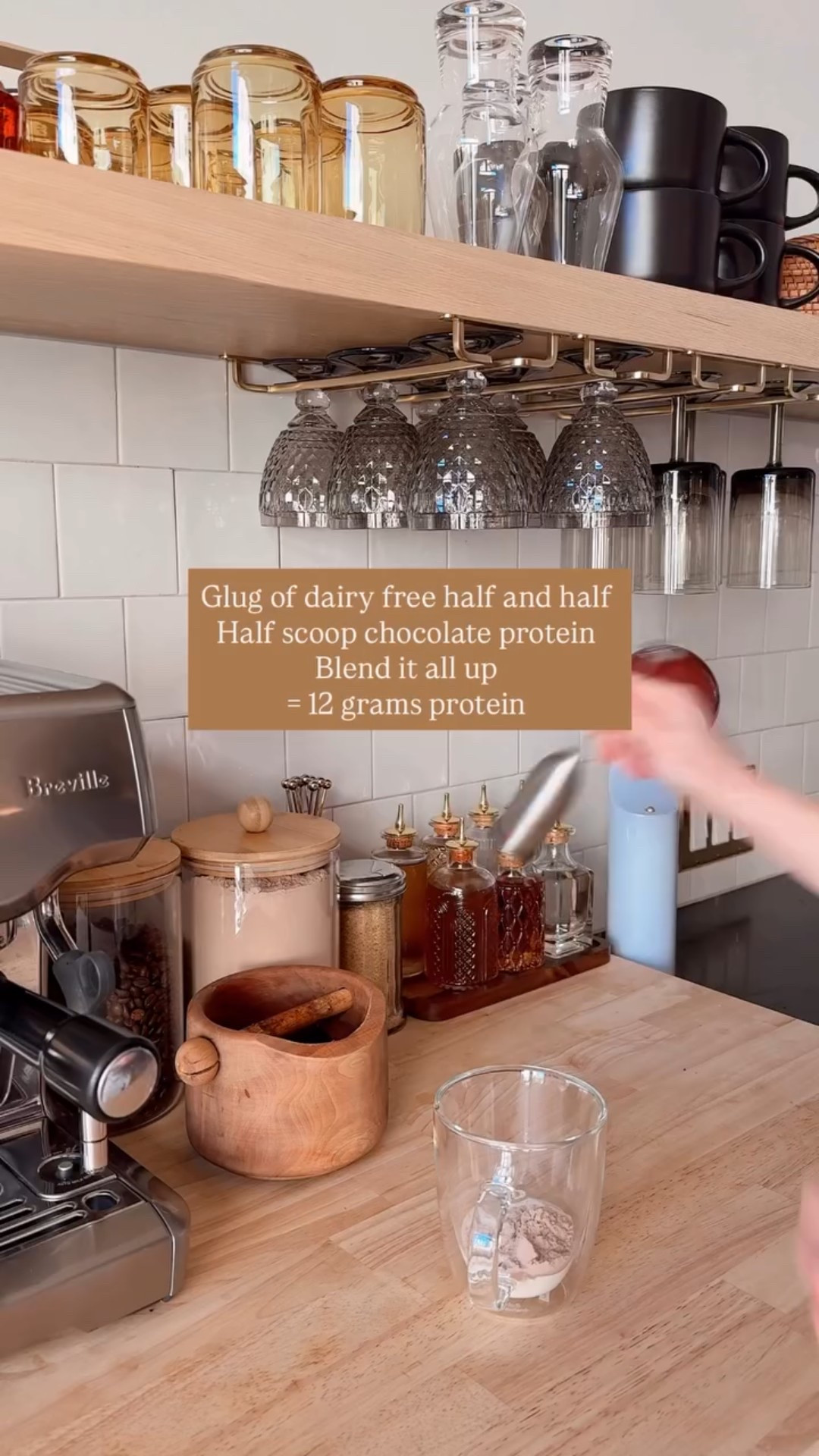 Glug of dairy free half and half 
Half scoop chocolate protein
Blend it all up 
= 12 grams protein