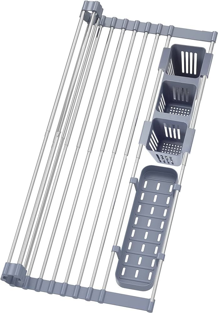 Expandable Roll Up Dish Drying Rack Up to 22.8''with 2 Storage Baskets,Over The Sink Kitchen Roll... | Amazon (US)