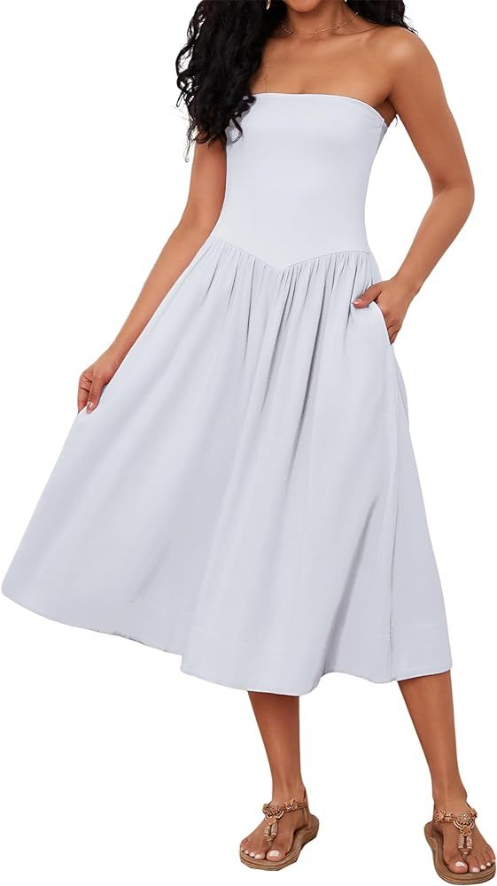 Livtany Women Off Shoulder Midi Dress Strapless Sleeveless Drop-Waist A Line Tube Dress Trendy Su... | Amazon (US)