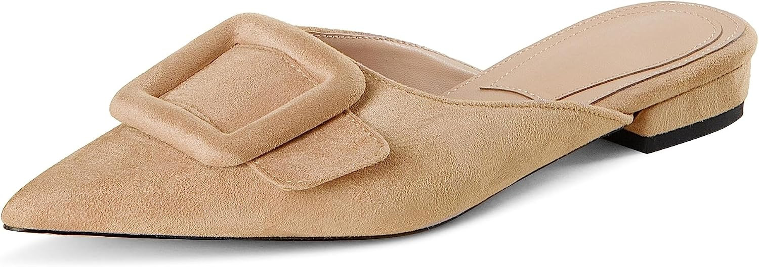 Kitten Heel Mules Sandals for Women Pointed Toe Square Buckle Backless Slip on Suede Stiletto Dress Heeled Sandals Wedding Party Shoes | Amazon (US)
