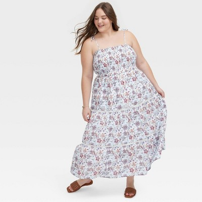 Women's Sketched Floral Tie-Shoulder Tiered Maxi A-Line Dress Blue - Roller Rabbit x Target  1X | Target