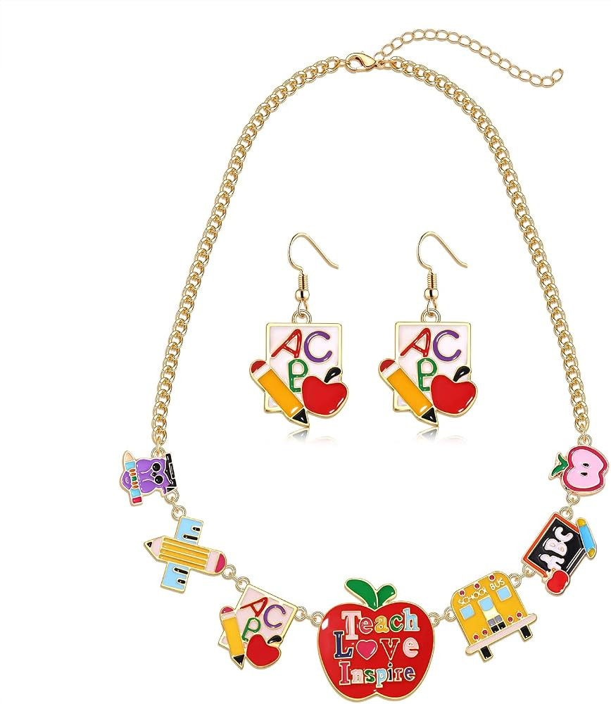 Teacher Earrings Necklace for Women Cute Back to School Apple Pencil School Bus ABC Chalkboard Ow... | Amazon (US)