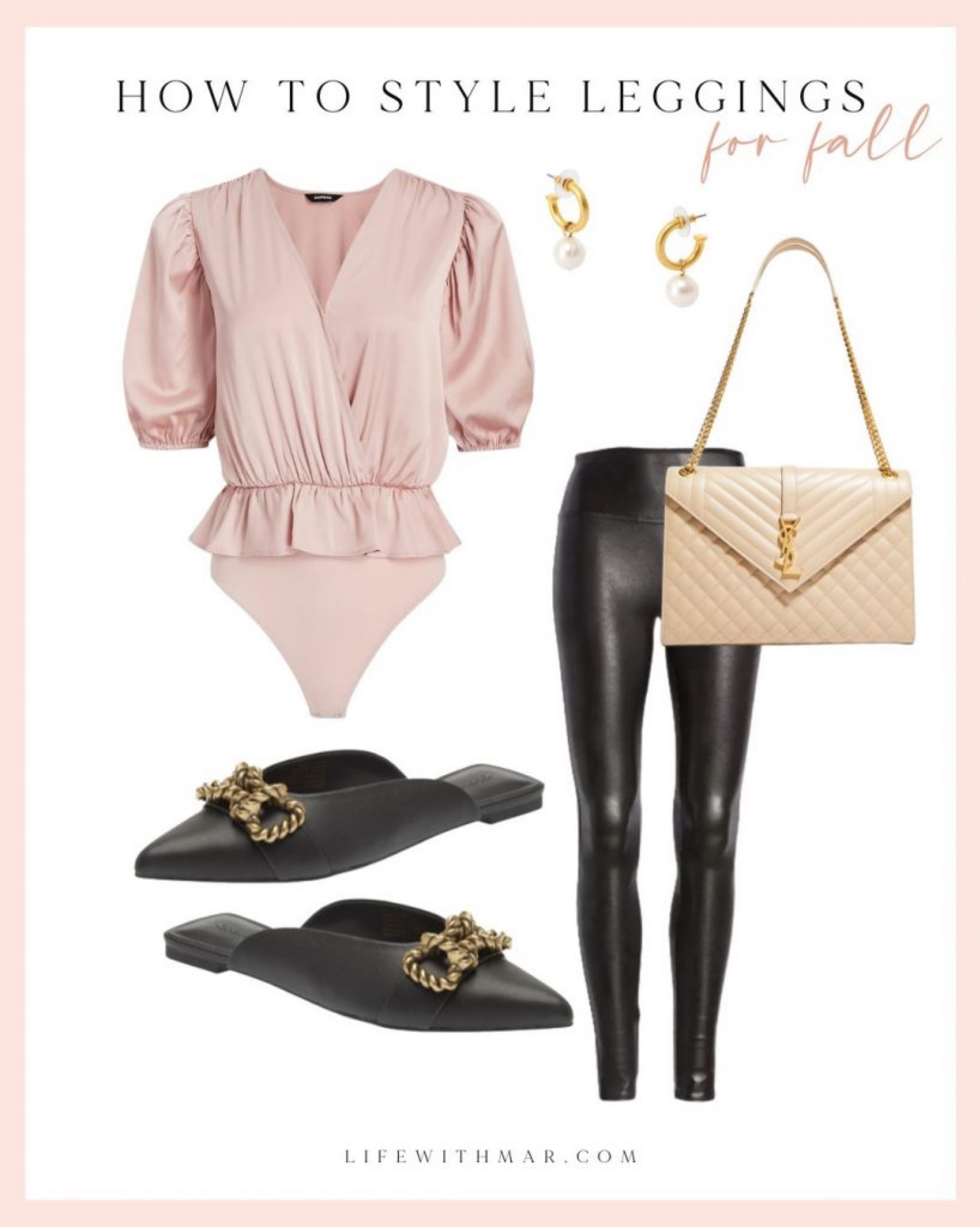 Style a blouse bodysuit with faux leather leggings and mules to wear on a dinner date. Finish the look with a YSL bag. 

#LTKstyletip #LTKunder100 #LTKSeasonal