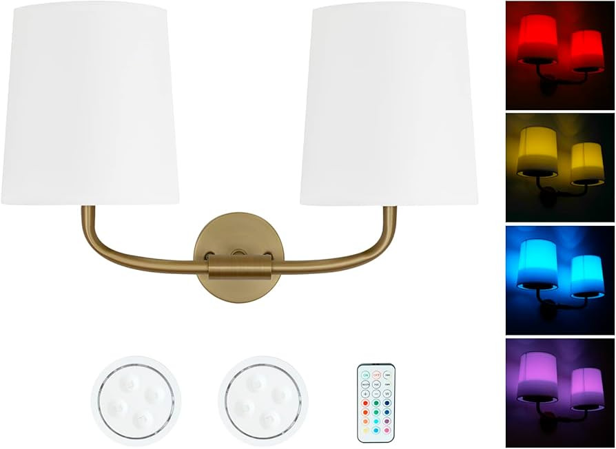 HEQIQEH Industrial Battery Operated Wall Sconce Lighting 2-Lights with Flared Funnel White Fabric... | Amazon (US)