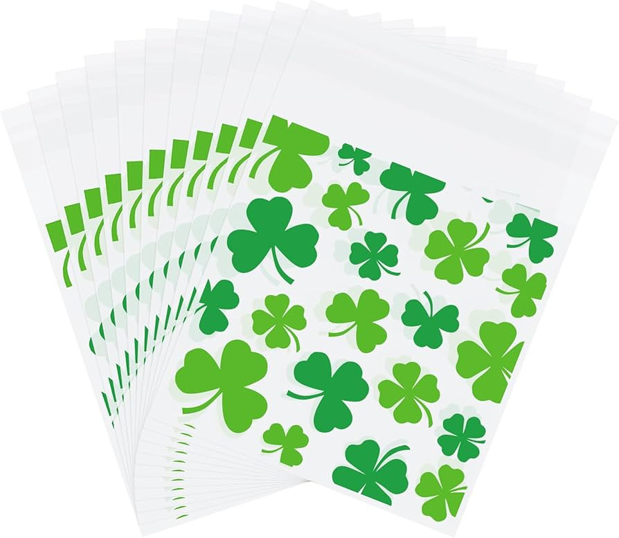 Whaline 320Pcs St. Patrick's Day Cellophane Bags Green Shamrock Self-Adhesive Treat Bags Clear Ca... | Amazon (US)