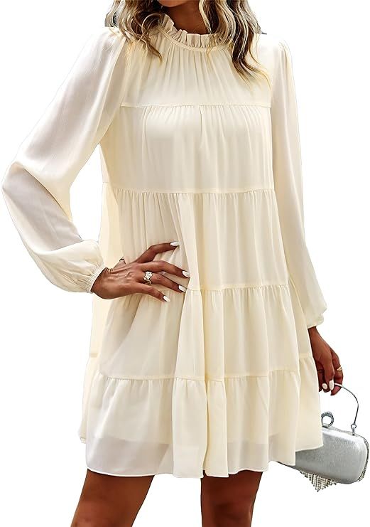 KIRUNDO 2023 Women's Spring Summer Long Sleeve Ruffle Mock Neck Tiered Mini Babydoll Dress Casual... | Amazon (US)