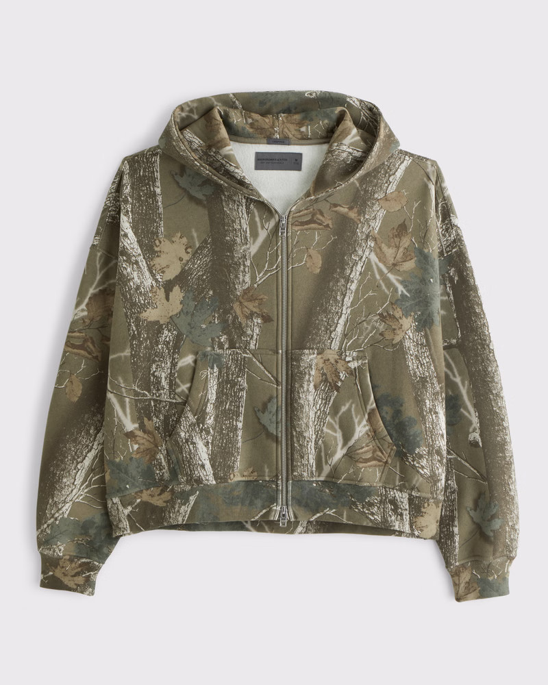 Abercrombie & Fitch Men's Cropped Essential Full-Zip Hoodie in Dusky Green Camo - Size XXL | Abercrombie & Fitch (US)