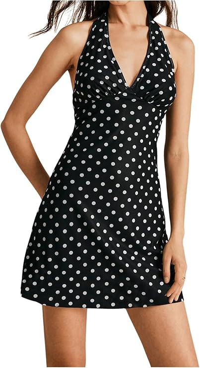Floerns Women's Polka Dots Print Halter Dress Sleeveless Party A Line Mini Dress | Amazon (US)