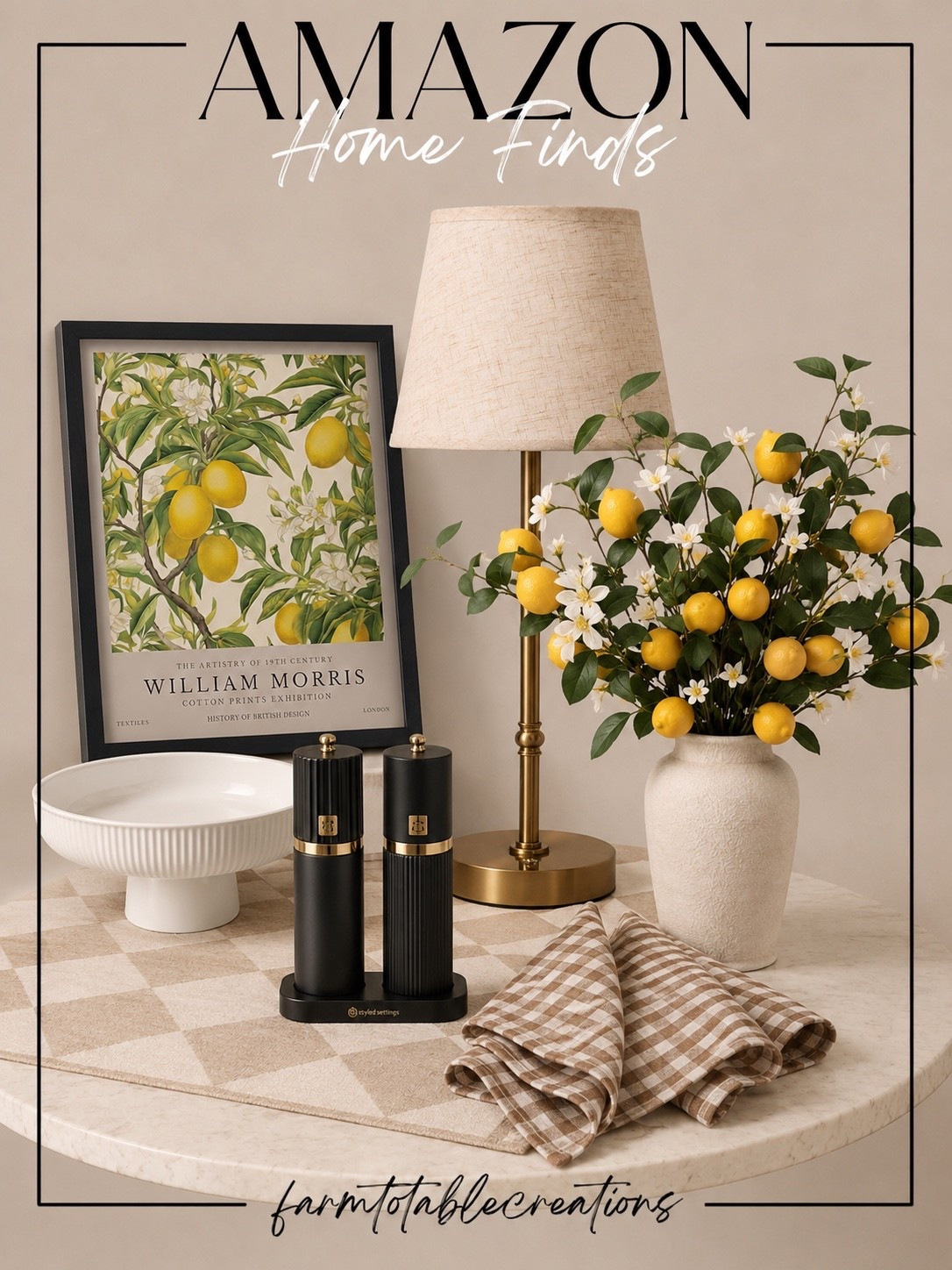 Amazon Lemon-Inspired Home Finds

Follow @farmtotablecreations on Instagram for more home decorating ideas, Amazon finds, and seasonal styling inspiration.

Fresh lemons, warm neutrals, and timeless textures make this collection feel like summer in the best way. From the beautiful William Morris lemon artwork and cordless brass lamp to the textured vase filled with lemon stems, gingham linens, decorative bowl, and classic salt and pepper grinders, these pieces create an effortless collected look that works from spring through summer.

Perfect for styling kitchen counters, coffee bars, dining tables, open shelving, and entryway consoles. The neutral palette blends beautifully with cottage, transitional, traditional, and European-inspired interiors.

#amazonhomefinds #lemondecor #kitchendecor #tabledecor #homedecorfinds

#LTKSeasonal #LTKHome #LTKSaleAlert