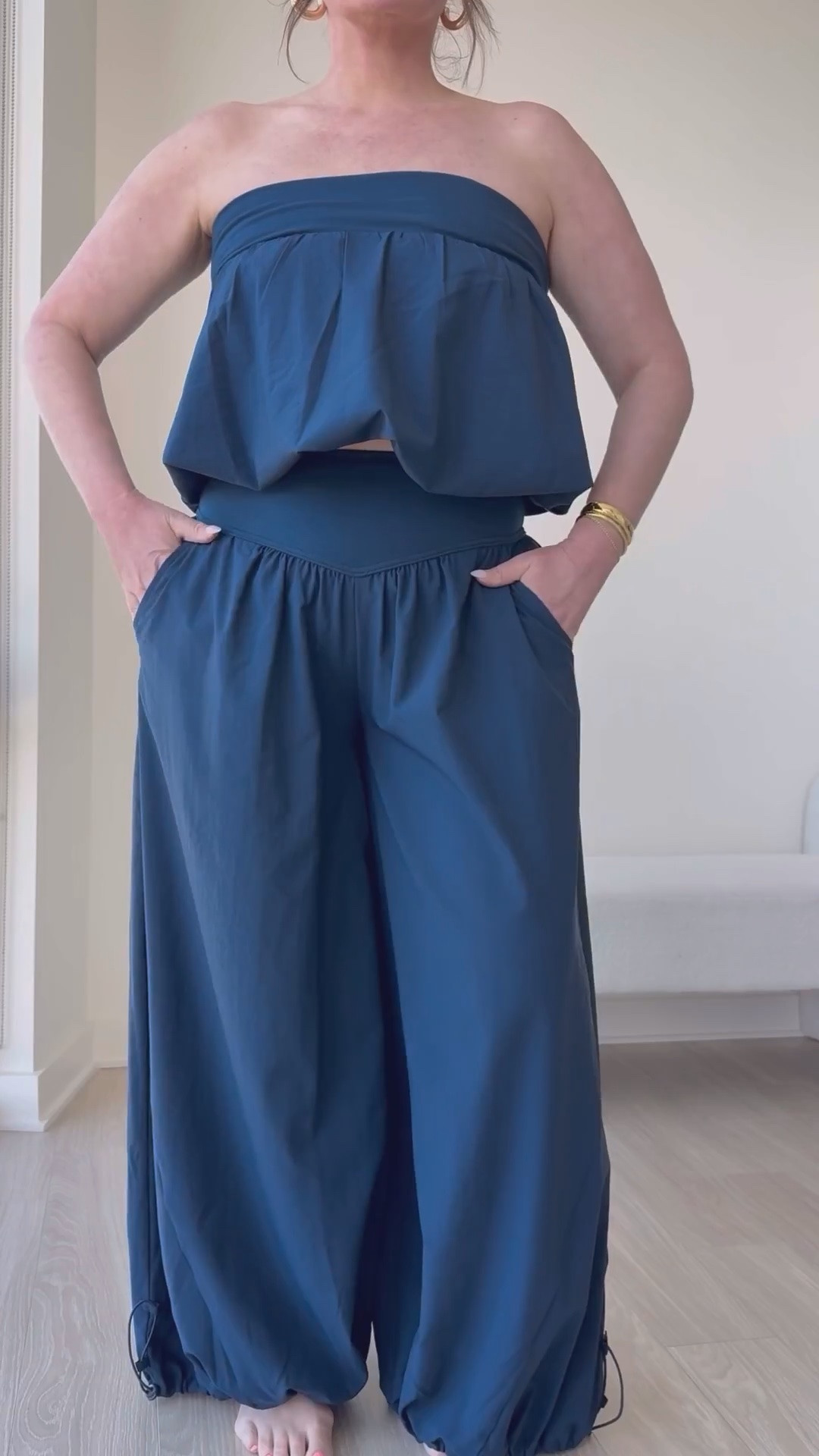Free People Bubble pant set runs true to size. Cords at hem of pants allows you to shorten them to your desired length.

Multiple color options are available

#LTKootd #LTKgrwm