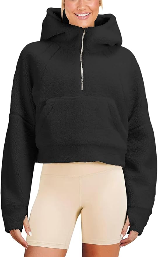 Womens Fleece Hoodies Half Zipper Sherpa Hooded Pullover Crop Long Sleeve Zip Up Jacket Coats | Amazon (US)