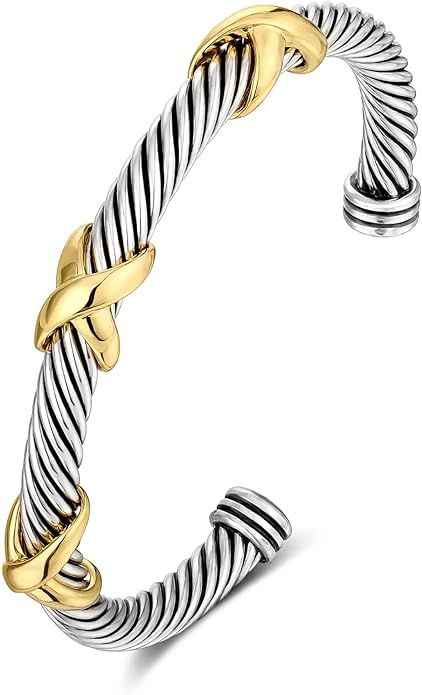 Cuff Bracelet for Women Cable Wire Bracelet - Stainless Steel Two Tone Twisted Bangle - Silver Cu... | Amazon (US)