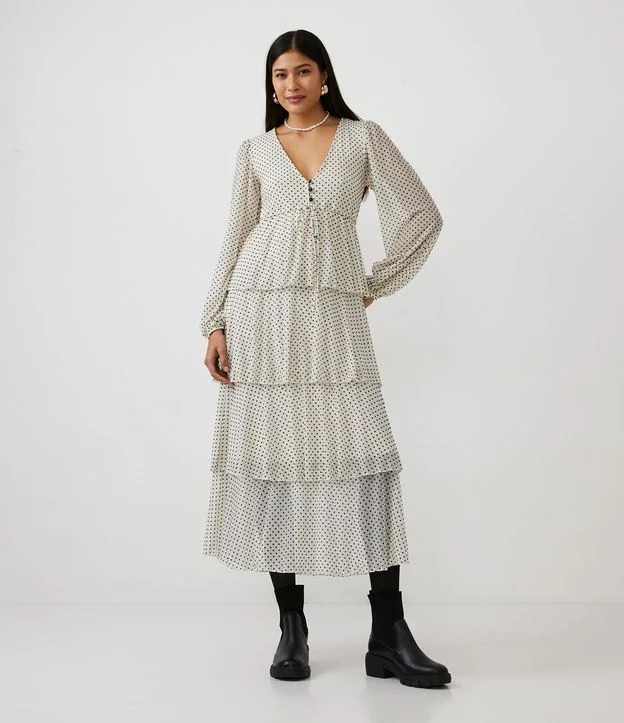Vestido New Midi em Tule com Manga Longa e Estampa Poá Off White | Renner (BR)