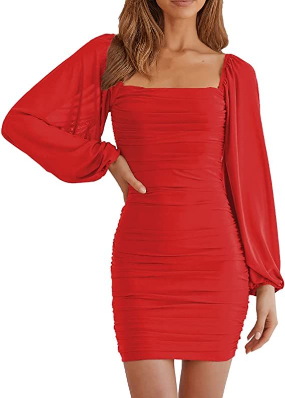 MEROKEETY Women Square Neck Lantern Long Sleeve Mesh Ruched Bodycon Clubwear Mini Dress | Amazon (US)