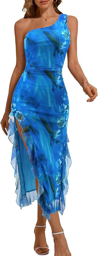 DRESSTELLS Women's Cocktail Party Formal Wedding Guest Long Maxi Mesh Ruched One Shoulder Ruffle ... | Amazon (US)