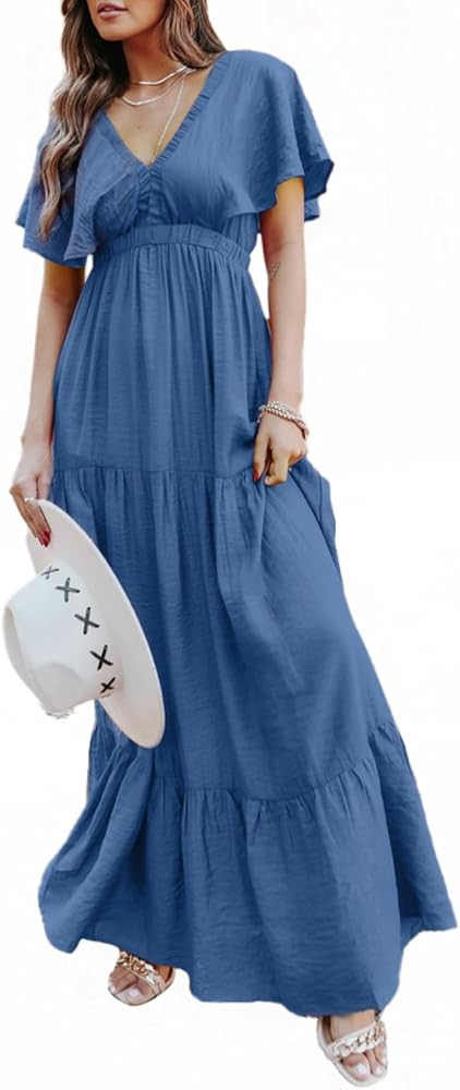 Amegoya Women's Casual Short Sleeve V Neck Floral Maxi Dresses Boho Beach Photoshoot Flowy Ruffle... | Amazon (US)