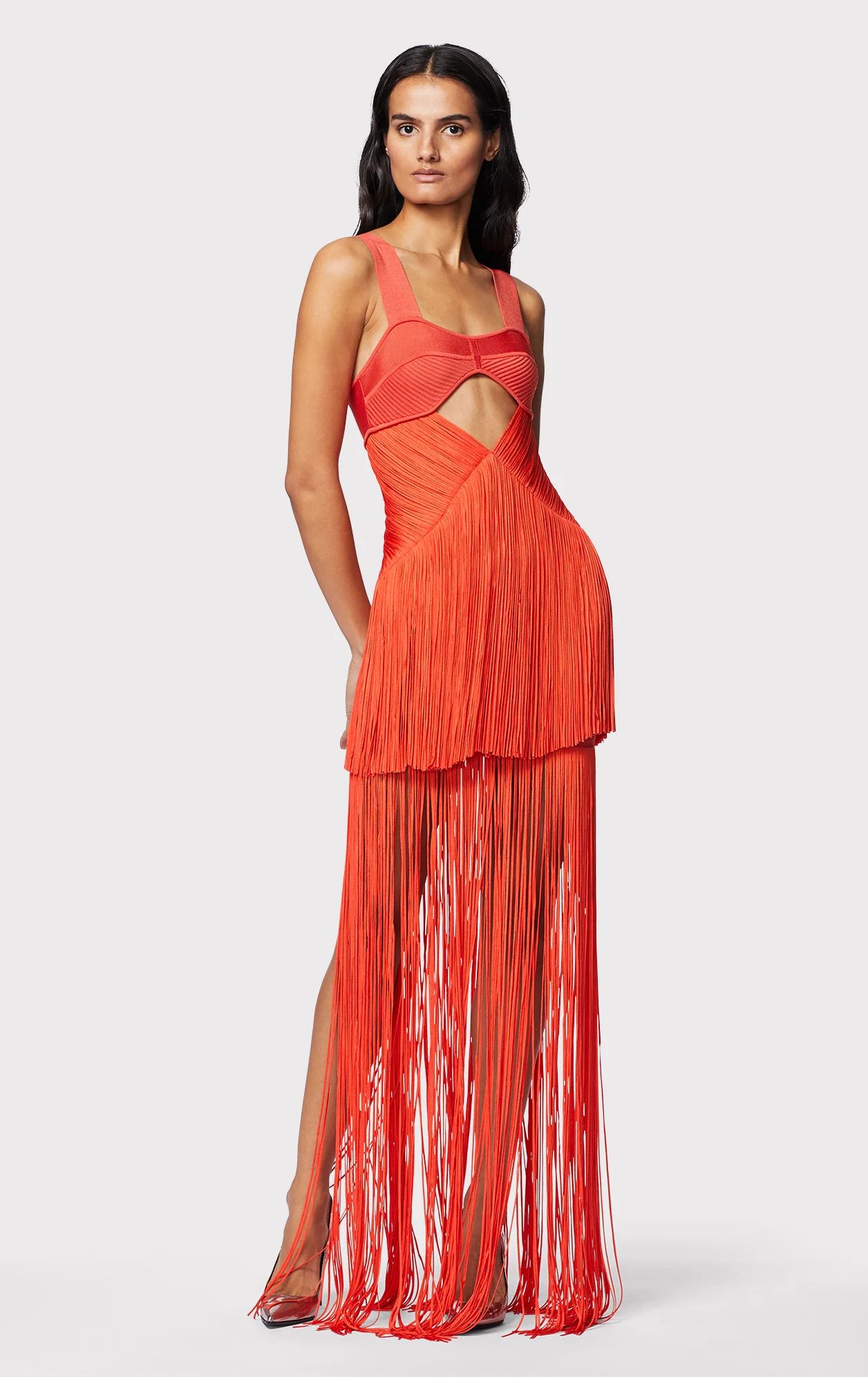 DRAPED FRINGE CUT OUT GOWN | Herve Leger